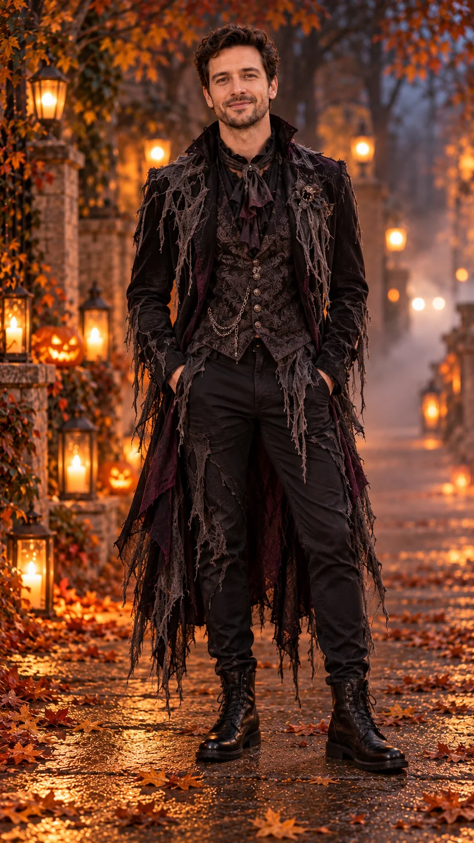 Man wearing a dark distressed devil costume with black boots on an autumn Halloween street.
