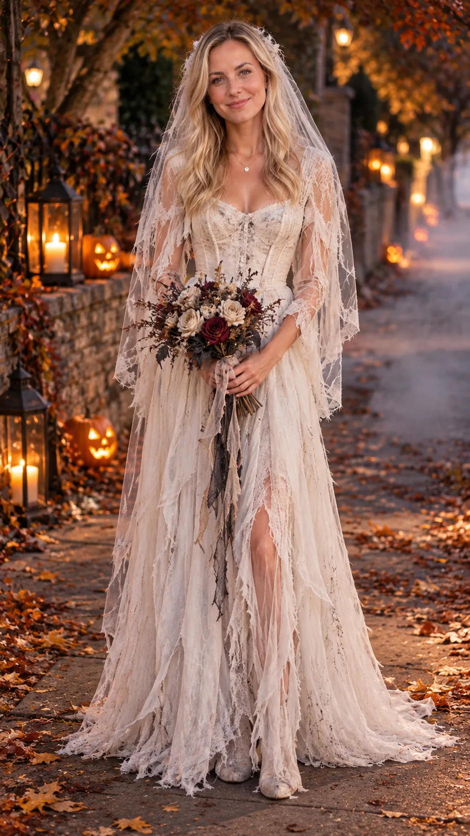 Woman wearing an aged white ghost bride gown and veil, holding a vintage bouquet.