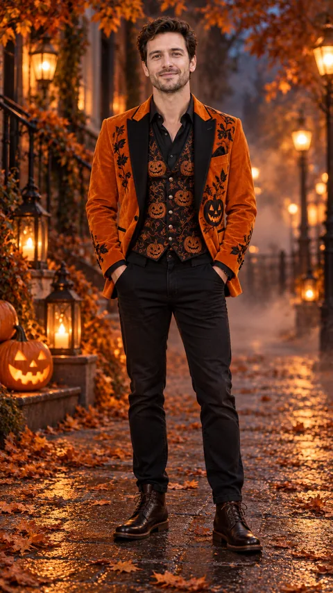 Man wearing an orange and black pumpkin-patterned blazer and vest for Halloween.