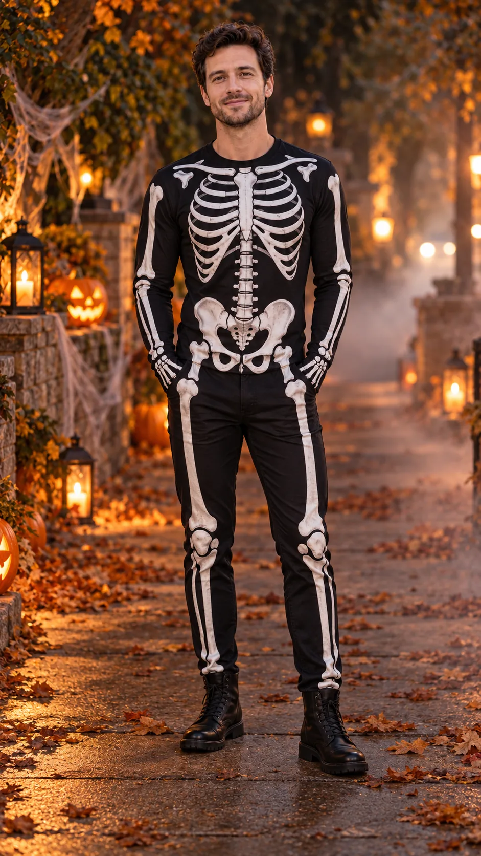 Man wearing a black skeleton suit with white bone print on a pumpkin-lit street.