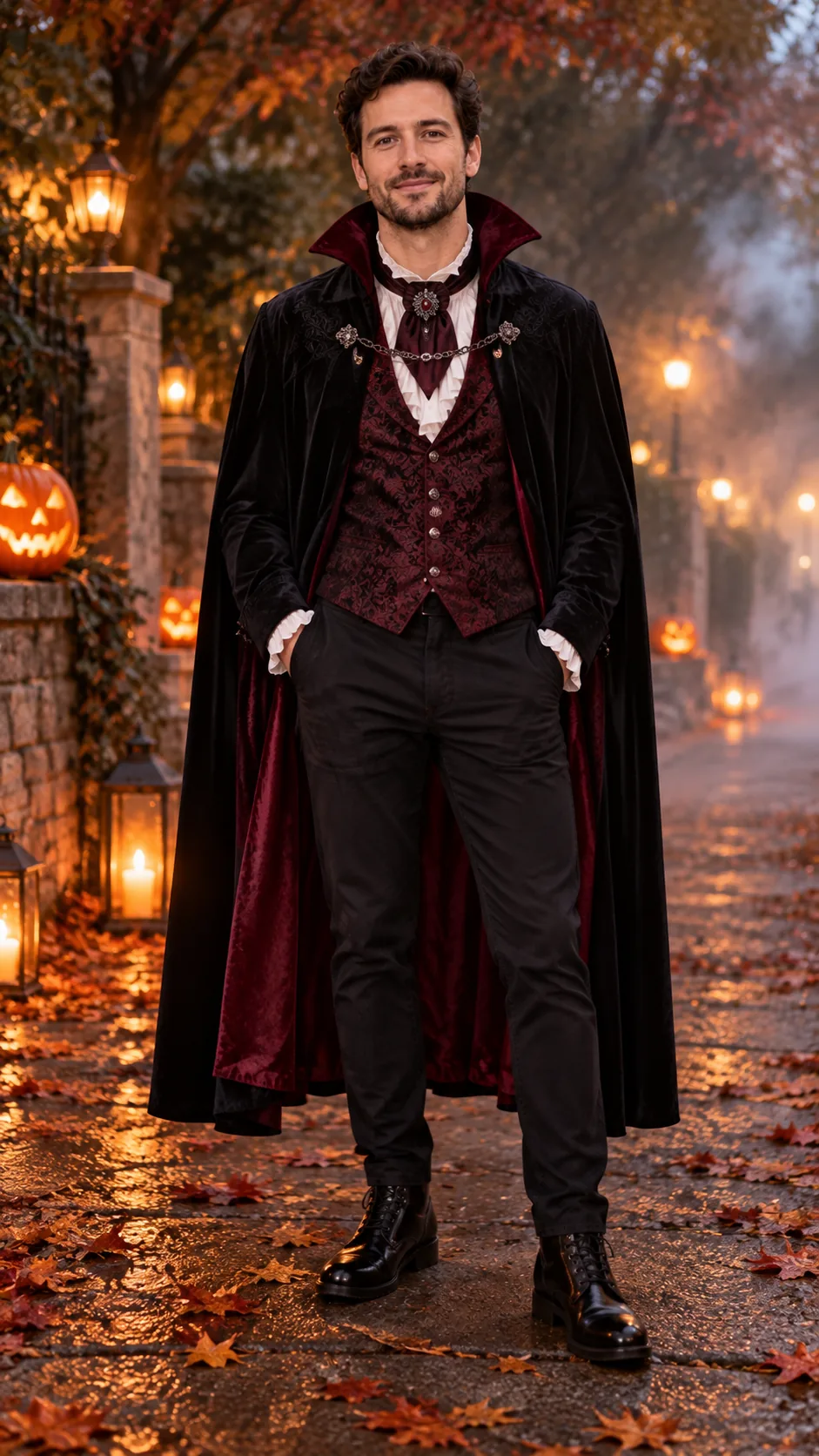 Man wearing a black cape and burgundy Victorian vampire outfit under Halloween lanterns.