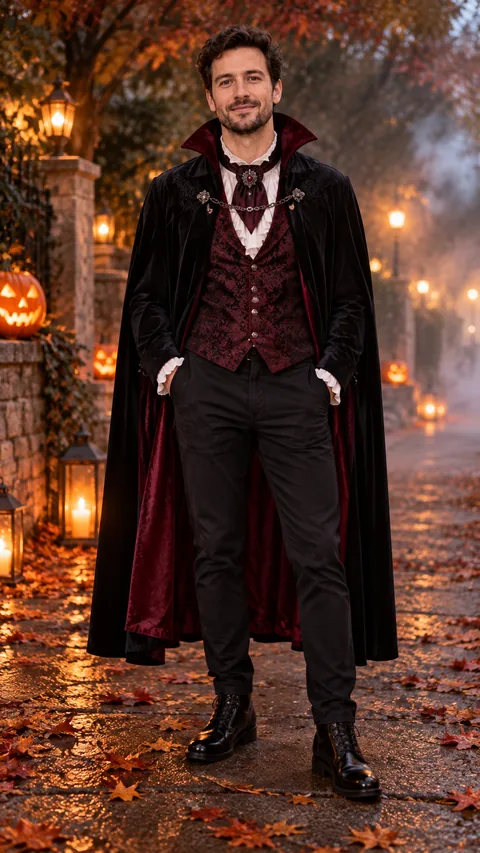 Man wearing a black cape and burgundy Victorian vampire outfit under Halloween lanterns.