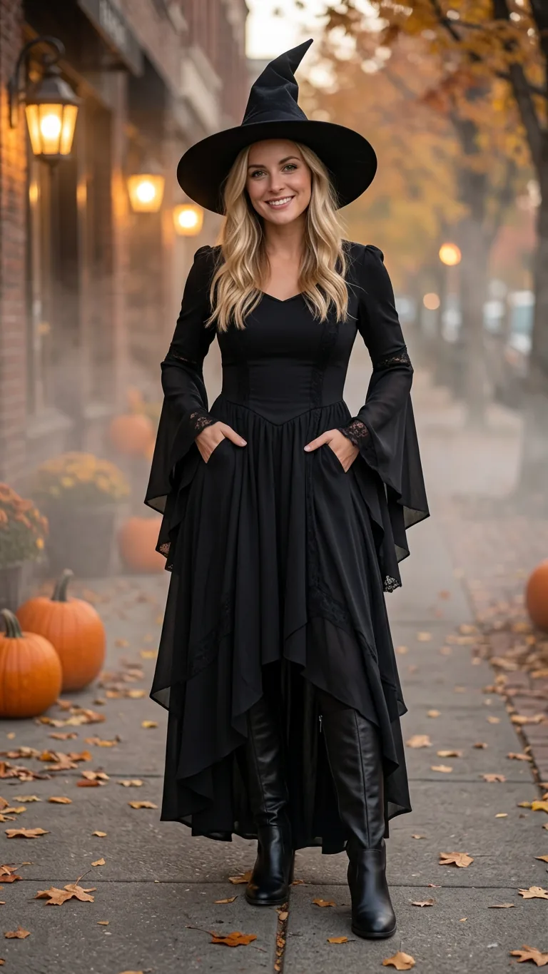 Blonde woman wearing a long black witch dress and pointed hat on an autumn Halloween street.